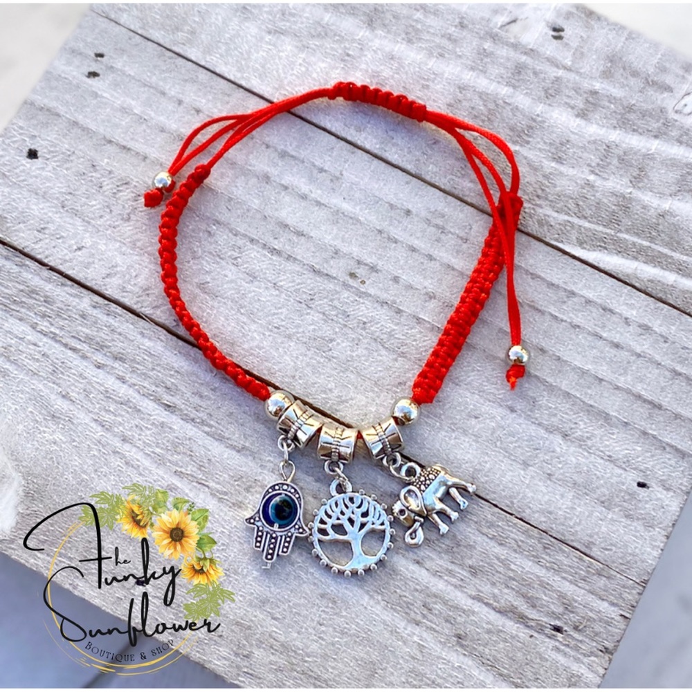 Elephant Tree Of Life Hamsa Red Charm Bracelet